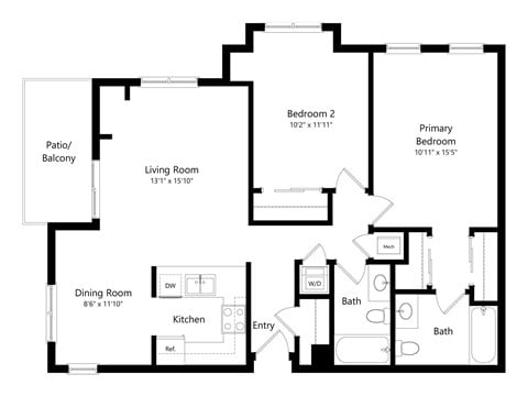 Floor plan for 2 beds, 2 baths, 1019 sqft